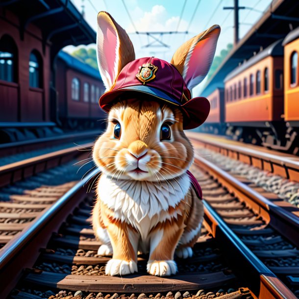 Illustration of a rabbit in a cap on the railway tracks