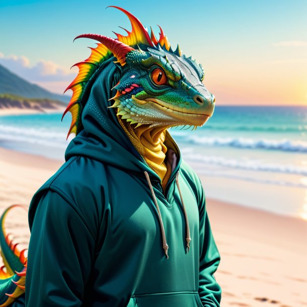 Imagen de un basilisk en una sudadera con capucha en la playa