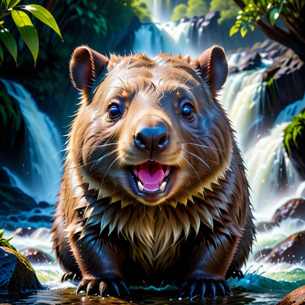 Photo of a crying of a wombat in the waterfall