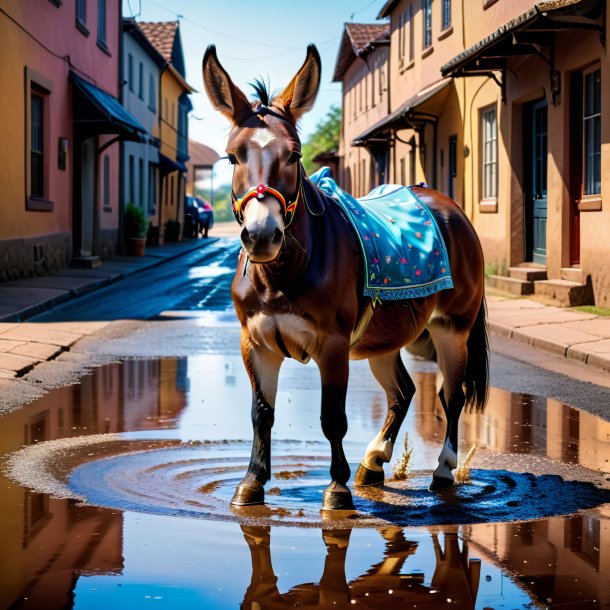 Image of a mule in a dress in the puddle