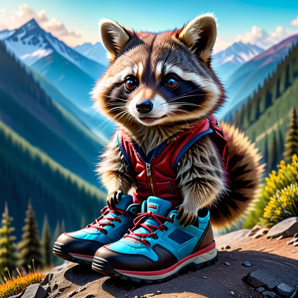 Picture of a raccoon in a shoes in the mountains