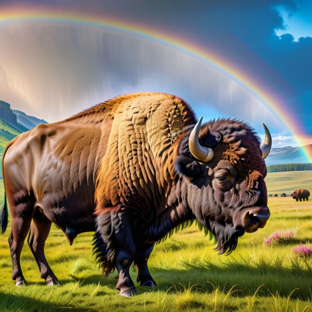 Photo d'une attente d'un bison sur l'arc-en-ciel