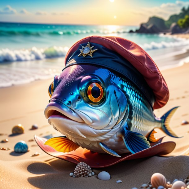 Photo of a fish in a cap on the beach