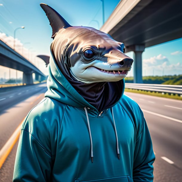 Photo of a hammerhead shark in a hoodie on the highway