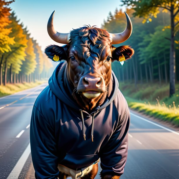 Pic of a bull in a hoodie on the road