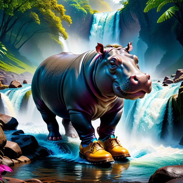 Image of a hippopotamus in a shoes in the waterfall