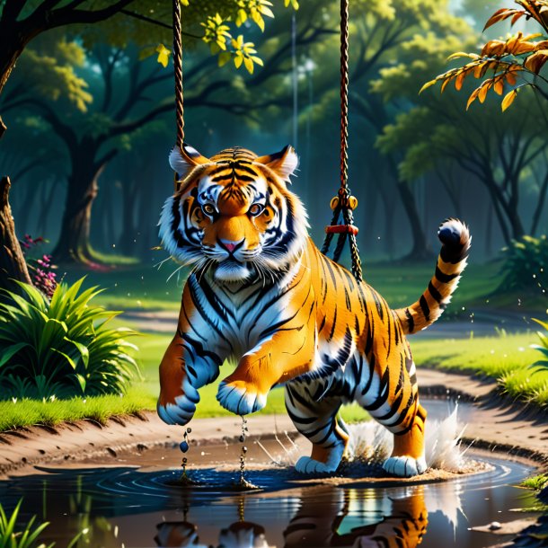 Picture of a swinging on a swing of a tiger in the puddle