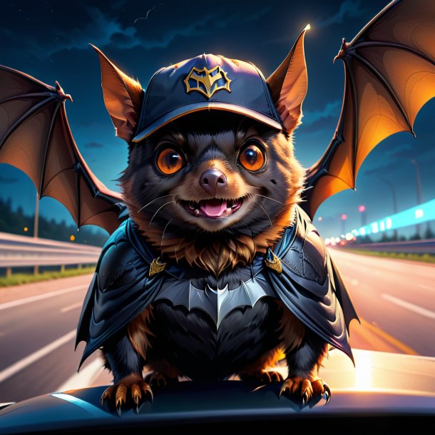 Illustration d'une chauve-souris dans une casquette sur l'autoroute