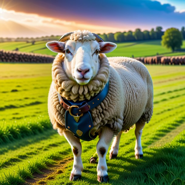 Photo of a sheep in a belt on the field