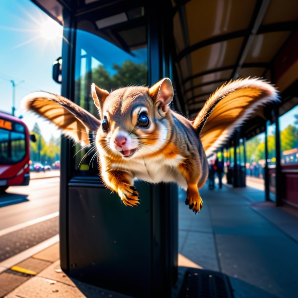 Pic de um esquilo voador em luvas no ponto de ônibus