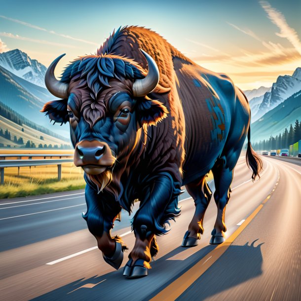 Illustration of a buffalo in a jeans on the highway