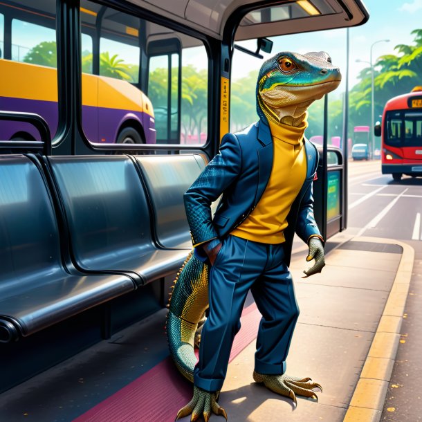 Desenho de um lagarto monitor em uma calça no ponto de ônibus