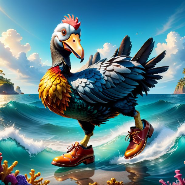 Ilustración de un dodo en los zapatos en el mar