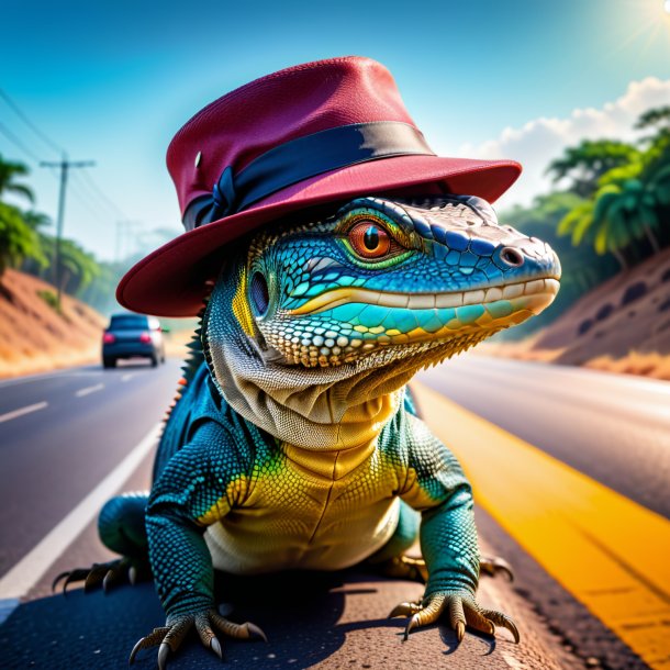 Pic of a monitor lizard in a hat on the road