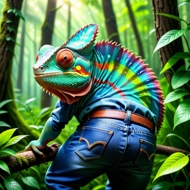 Picture of a chameleon in a jeans in the forest