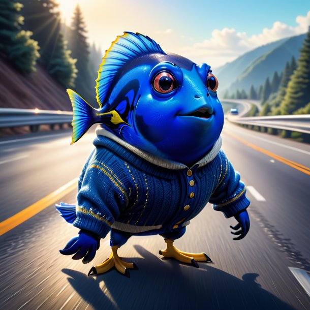 Illustration of a blue tang in a sweater on the highway