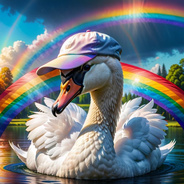 Image d'un cygne dans une casquette sur l'arc-en-ciel