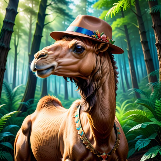 Illustration of a camel in a hat in the forest