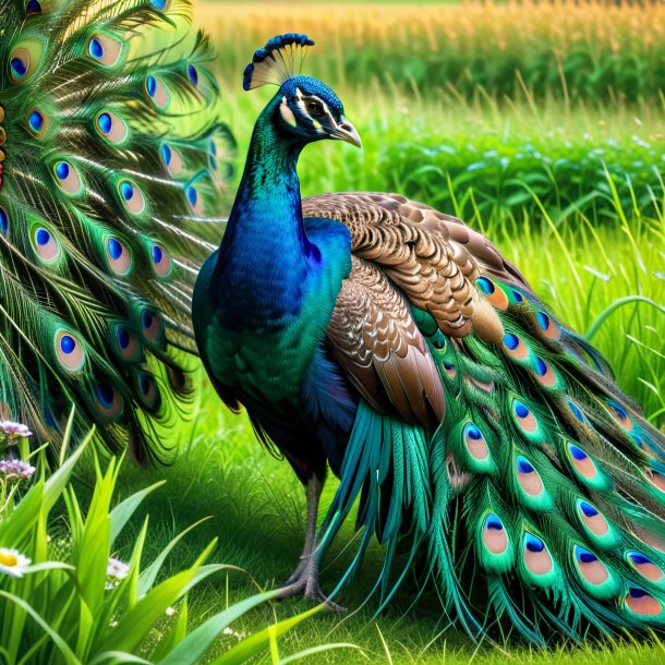 Photo of a sleeping of a peacock in the meadow