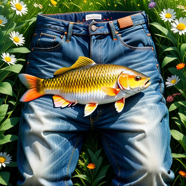 Image of a carp in a jeans in the meadow