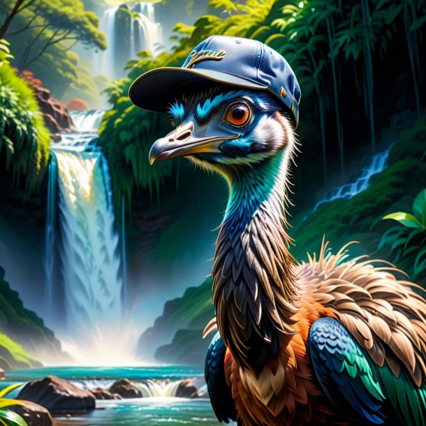 Illustration of a emu in a cap in the waterfall