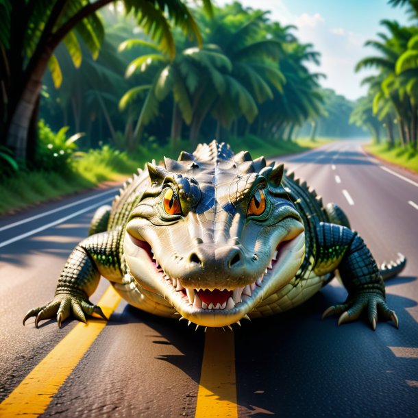 Image of a smiling of a crocodile on the road