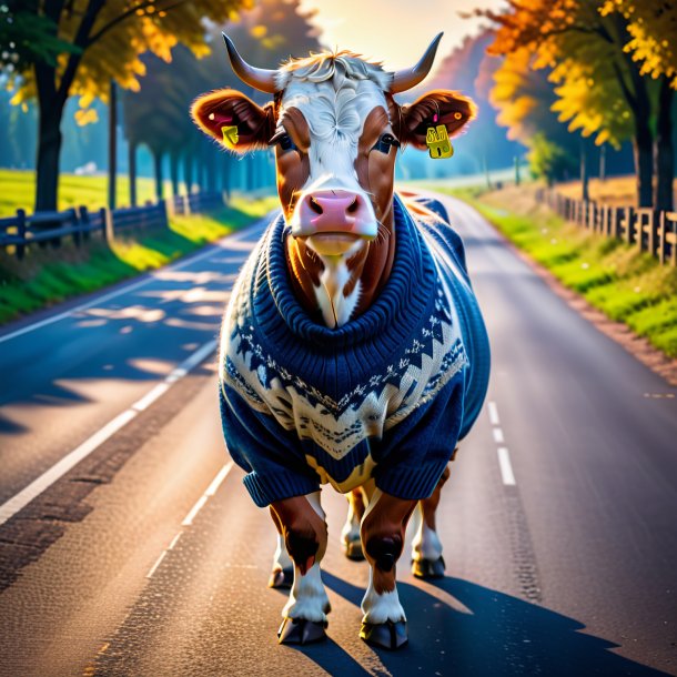 Foto de una vaca en un suéter en el camino