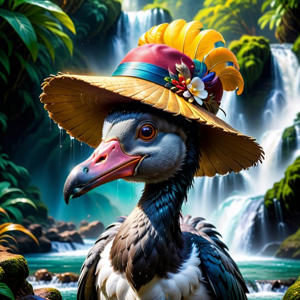 Image of a dodo in a hat in the waterfall