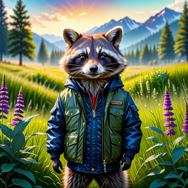 Pic of a raccoon in a jacket in the meadow