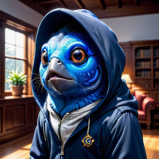 Image of a blue tang in a hoodie in the house