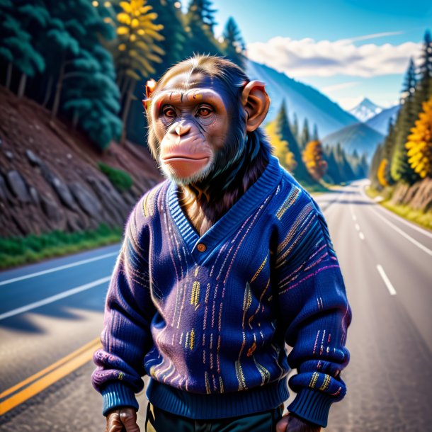 Photo of a chimpanzee in a sweater on the road