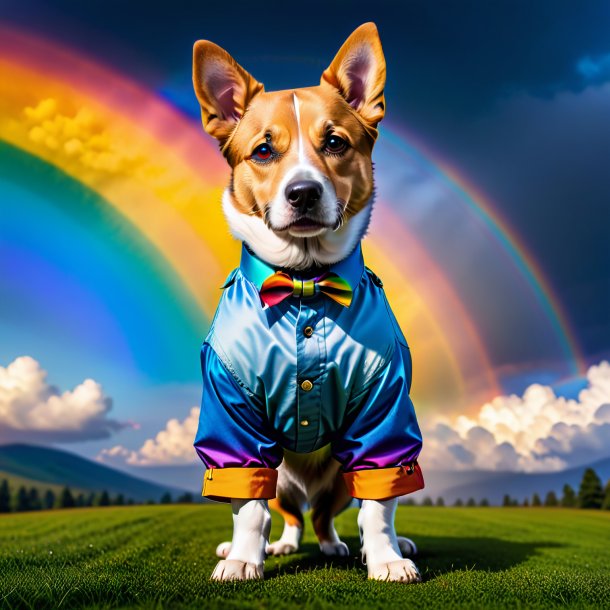 Photo d'un chien dans un pantalon sur l'arc-en-ciel