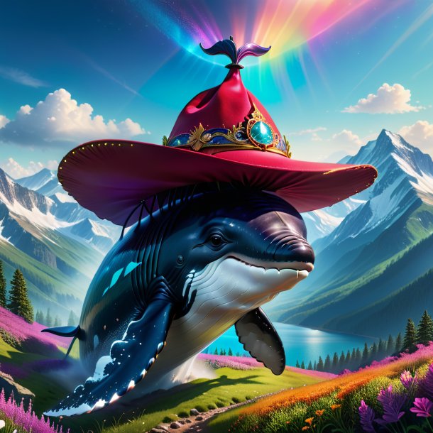 Pic of a whale in a hat in the mountains