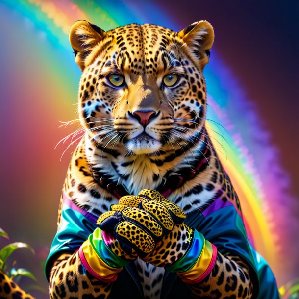 Foto de un leopardo en guantes en el arco iris