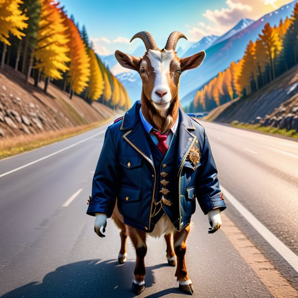 Picture of a goat in a jacket on the road