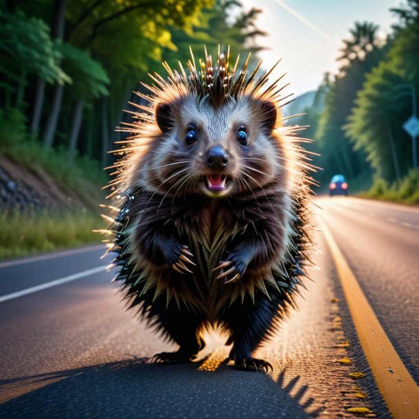 Image of a dancing of a porcupine on the road