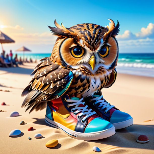 Picture of a owl in a shoes on the beach