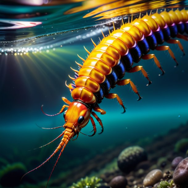 Picture of a centipede in a vest in the water