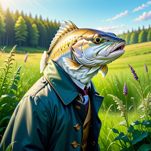 Drawing of a haddock in a coat in the meadow