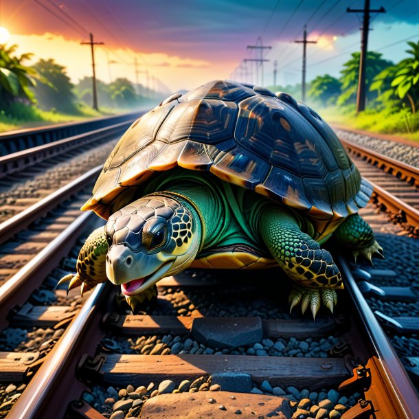 Foto de un llanto de una tortuga en las vías del tren