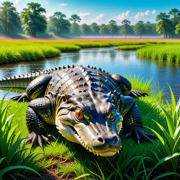 Image d'une attente d'un alligator dans la prairie