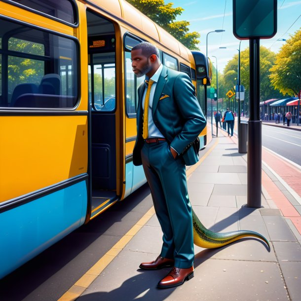 Drawing of a eel in a trousers on the bus stop