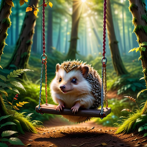 Photo of a swinging on a swing of a hedgehog in the forest