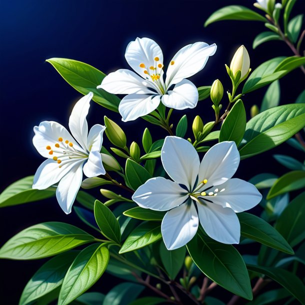 "drawing of a navy blue jessamine, common white"