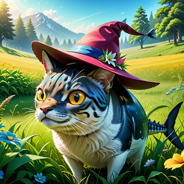 Illustration of a tuna in a hat in the meadow