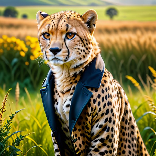 Picture of a cheetah in a coat in the meadow