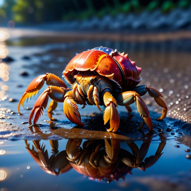 Photo of a swimming of a hermit crab in the puddle