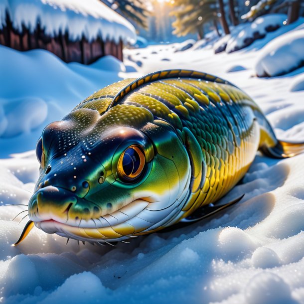 Picture of a sleeping of a eel in the snow