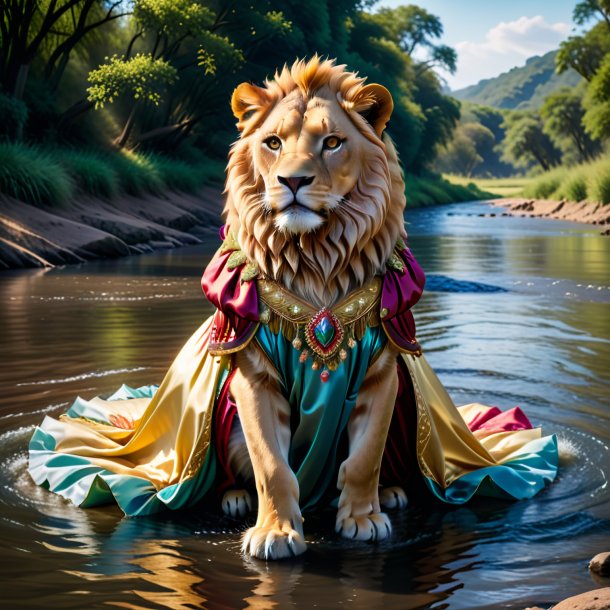 Imagen de un león en un vestido en el río