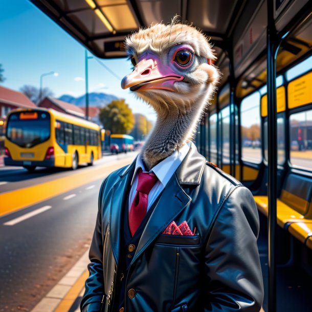 Image of a ostrich in a jacket on the bus stop